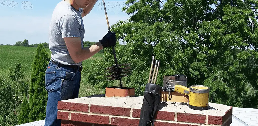 Chimney cleaning technician working on a rooftop chimney with professional tools in Fargo, ND
