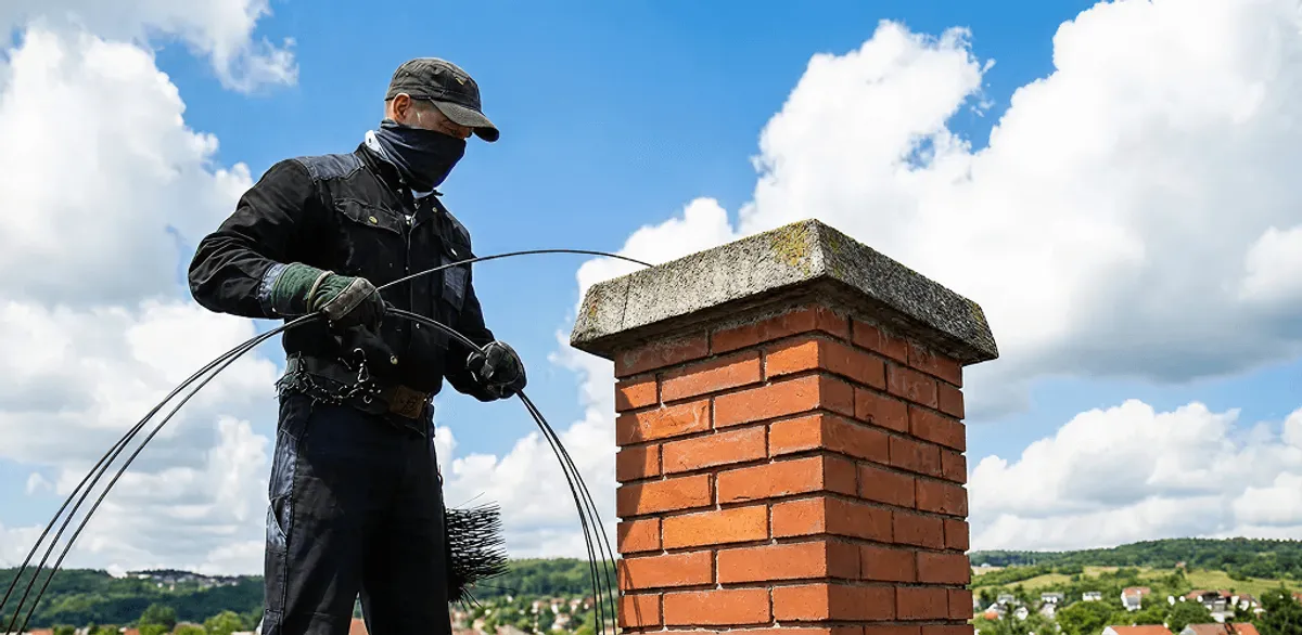 Chimney sweep cleaning a brick chimney with professional tools in Fargo, ND