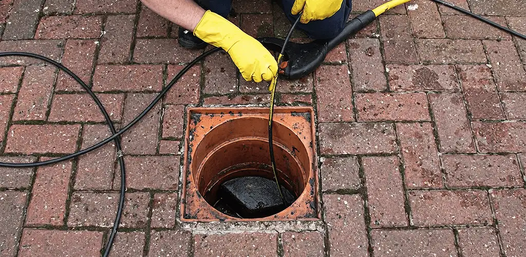 Drain cleaning technician using a drain snake to clear a clogged drain in Fargo, ND