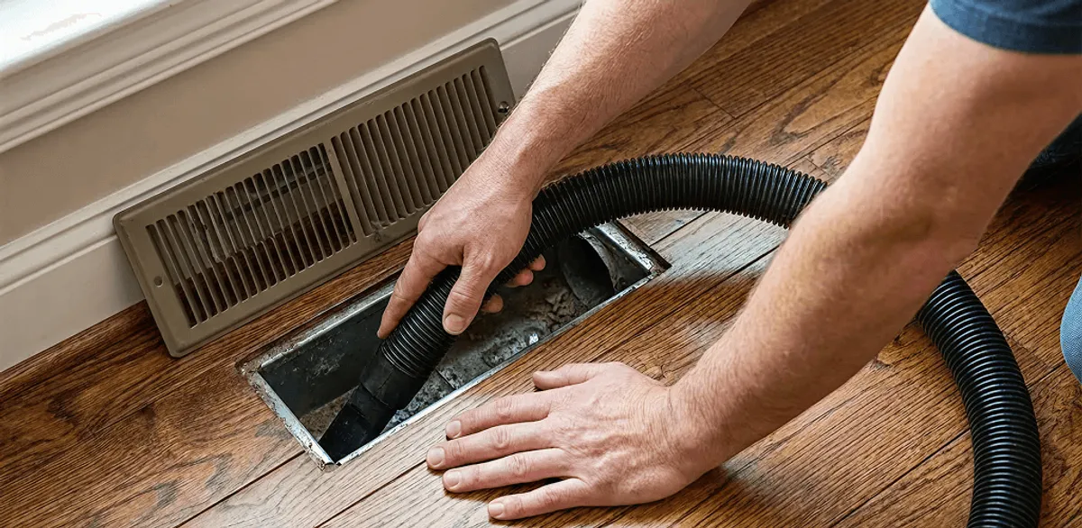 Air duct cleaning technician vacuuming a floor register and duct opening in Fargo, ND