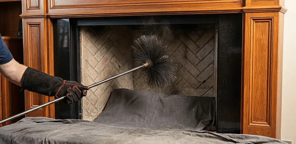 Chimney cleaning service brushing soot from a fireplace and flue in Fargo, ND