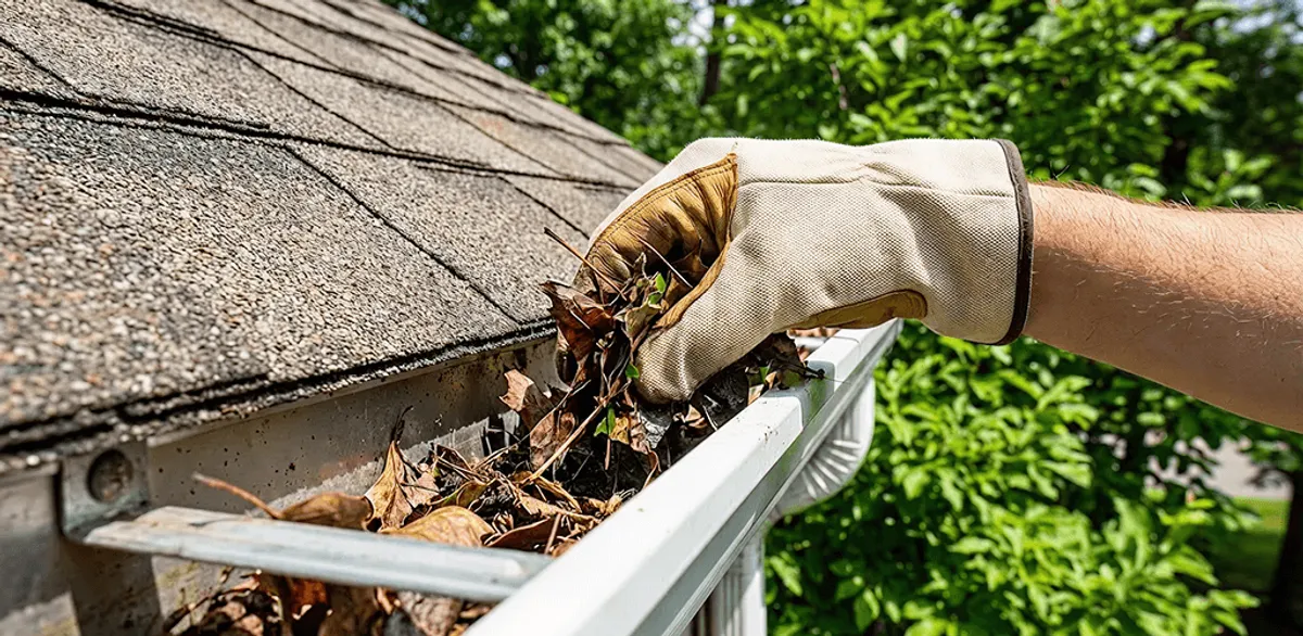 Gutter cleaning removing leaves and debris from roof gutters in Fargo, ND