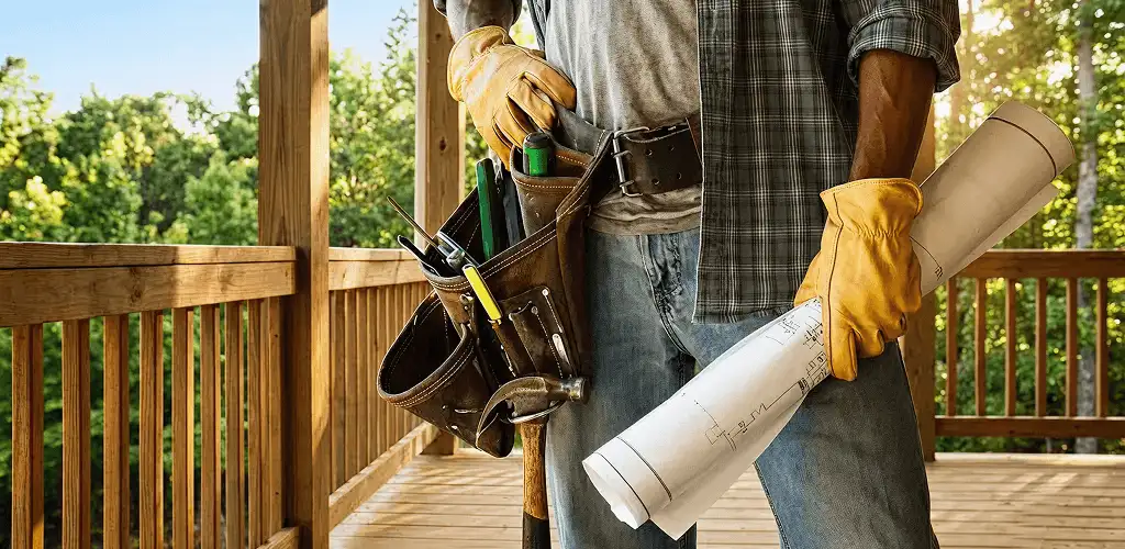 Professional handyman with tool belt ready for home repairs in Fargo, ND