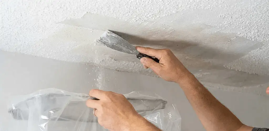 Popcorn ceiling removal technician scraping texture from a ceiling in Fargo, ND