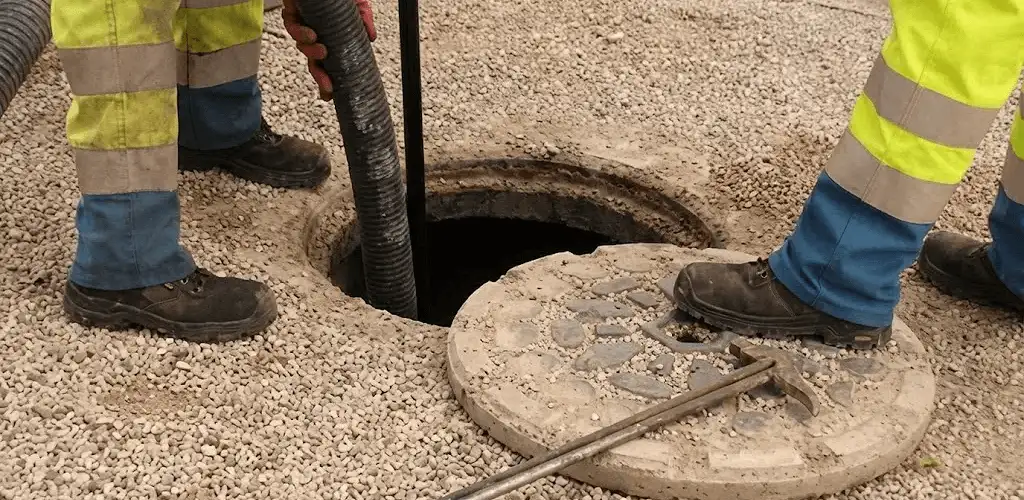 Drain cleaning crew clearing a sewer access point with professional equipment in Fargo, ND