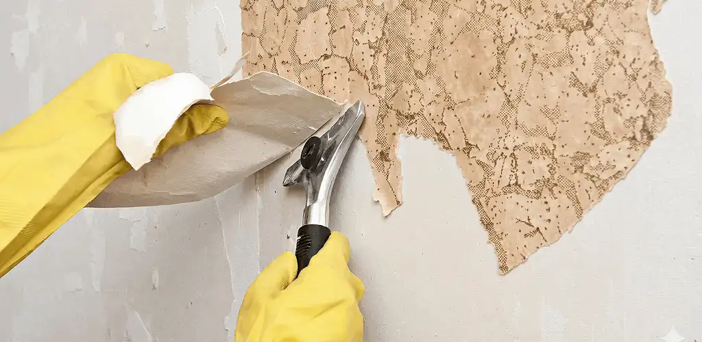 Wallpaper removal service stripping old wallpaper from a wall in Fargo, ND