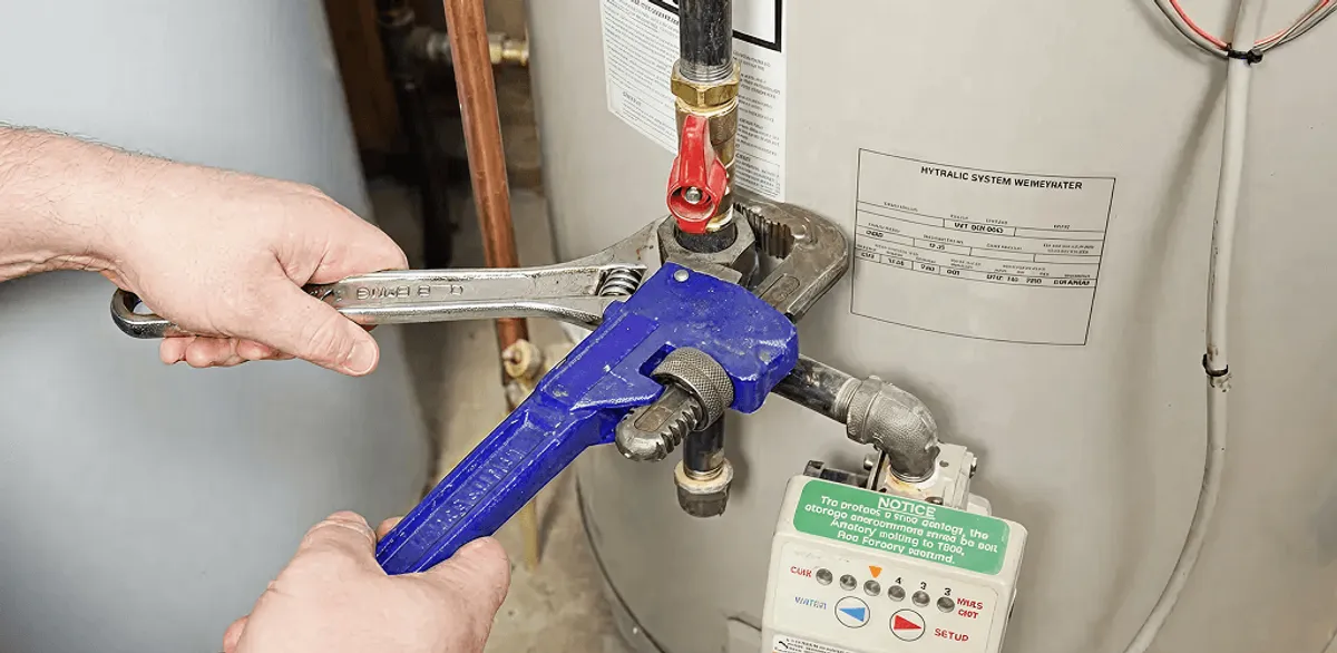 Water heater repair technician tightening the shutoff valve and supply line in Fargo, ND