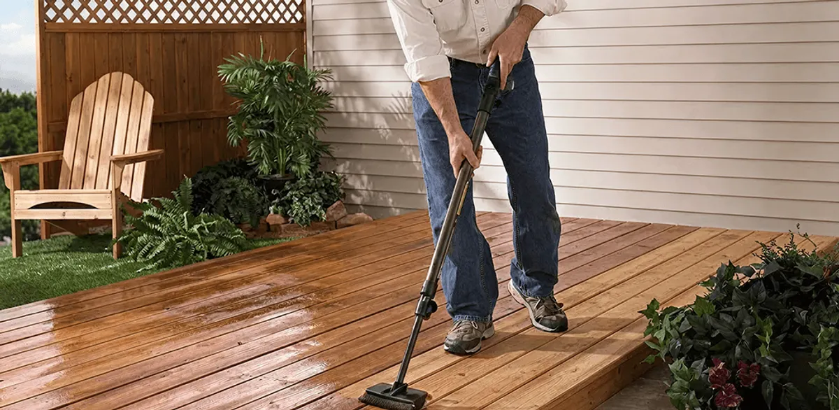 Deck staining service applying stain to a backyard wood deck in Fargo, ND